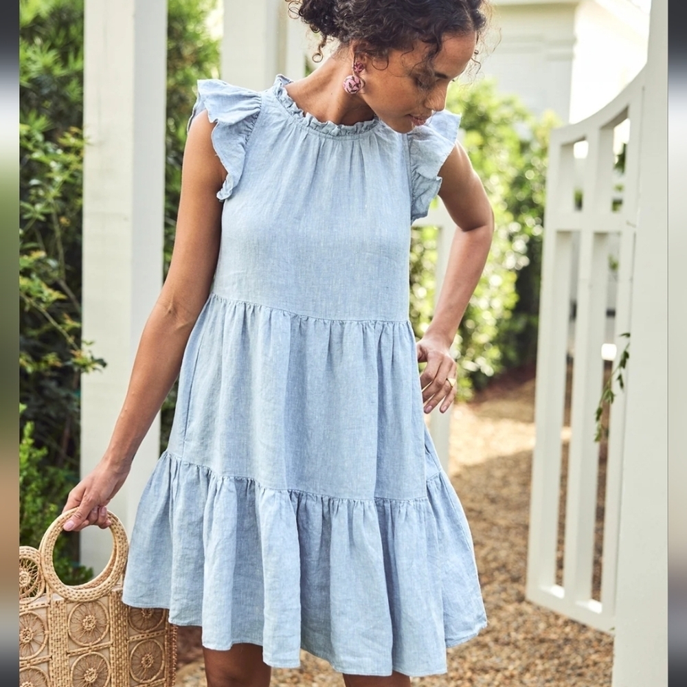 Lake Helen Tiered Linen Knee Length Dress Blue Size Xxs
